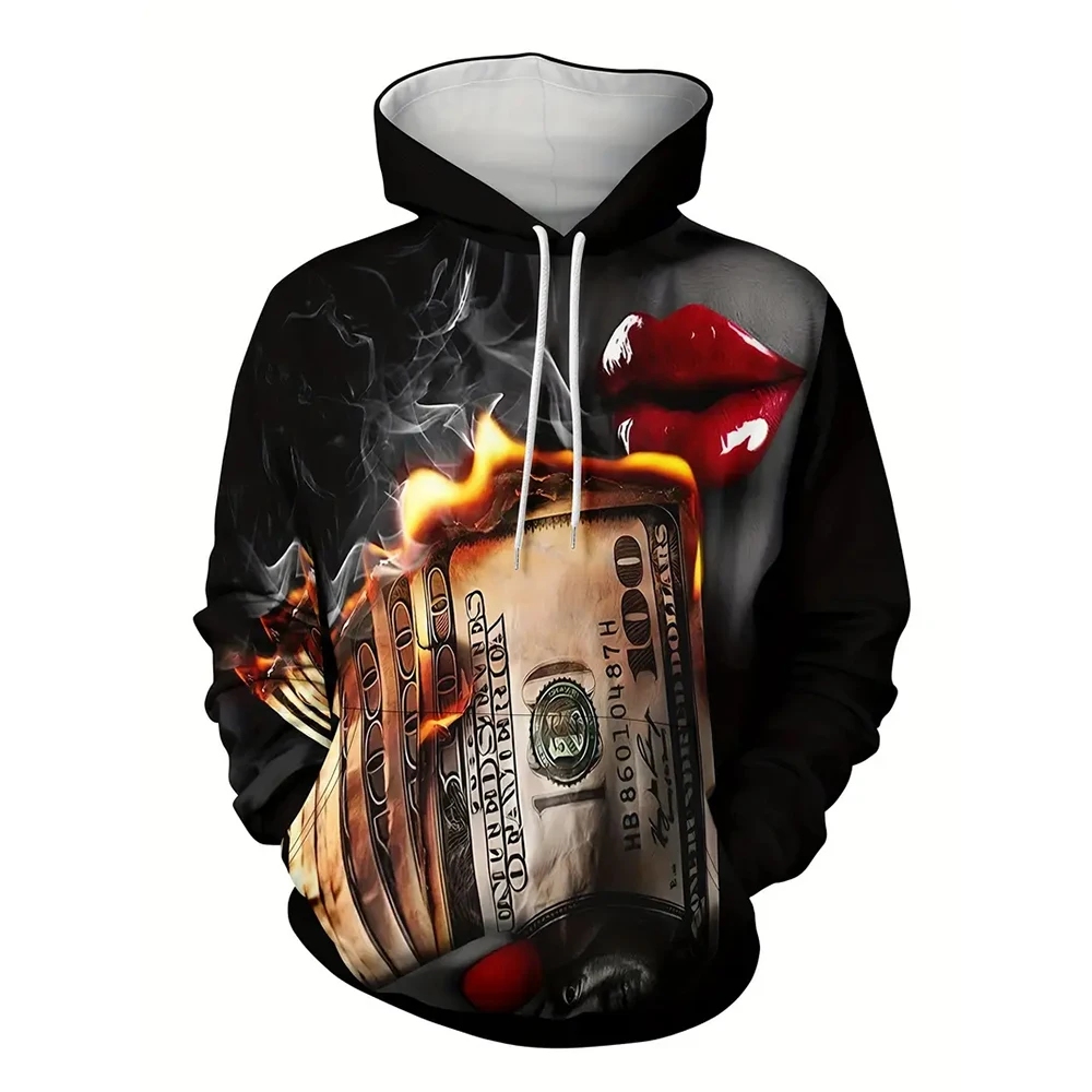 Creatieve Hoodie Met Lip & Money Print, Coole Hoodies Voor Heren, Grafisch Trui Met Capuchon Voor Heren Met Kangoeroe Streetwear