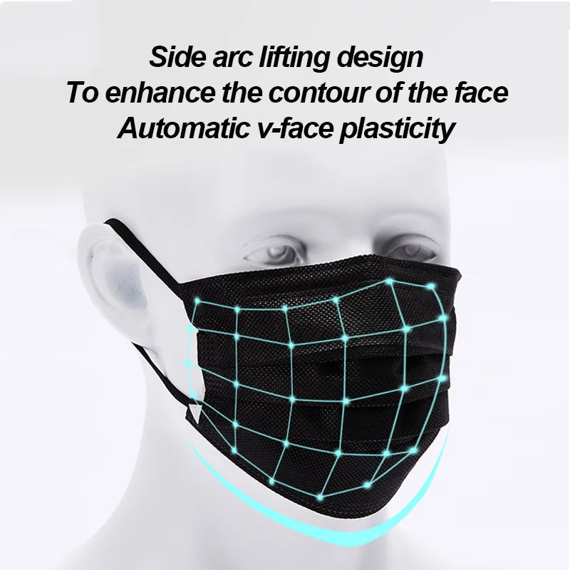 100-400pcs Black Mask Disposable Mouth Masks Non Woven 3 Layer Filter Anti Dust Mask Face Mask Breathable Protective Adult Masks