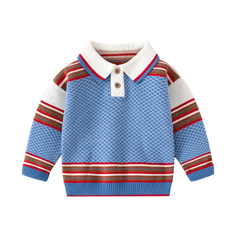 Boys\' Casual Color Block Striped Long Sleeve Sweater Spring Autumn Fashionable Polo Collar Knitted Pullover Knitwear 2-7 Years