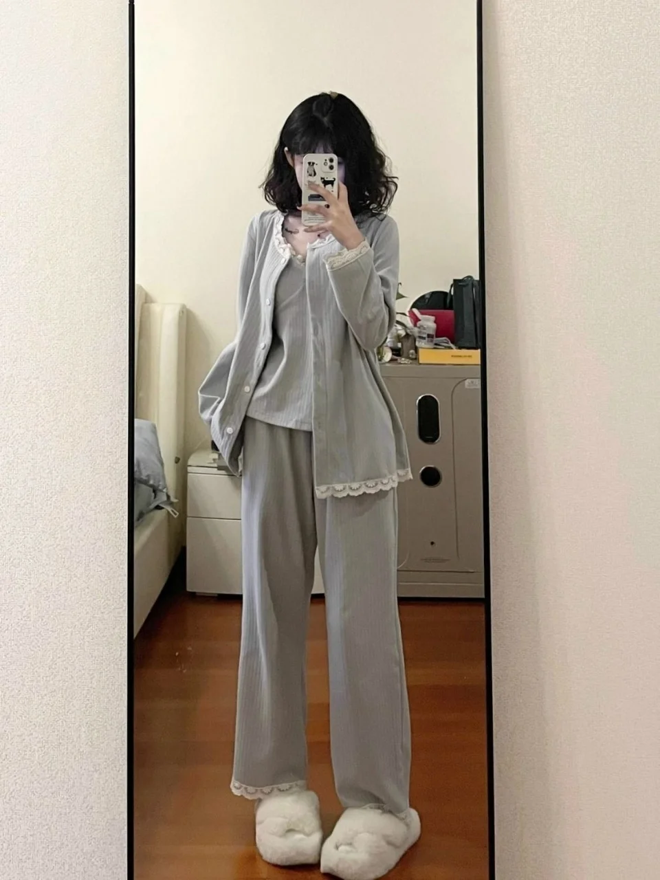 Y2K Harajuku style spicy girl lace vest cardigan pajamas Spring/Autumn retro solid color simple casual home three piece set emo