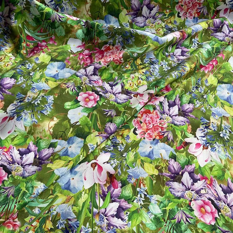108CM Wide 30MM Colorful Floral Printed Stretch Green Heavy Silk Crepe Fabric for DIY Sewing Autumn Dress Pants Pajamas R7160-2