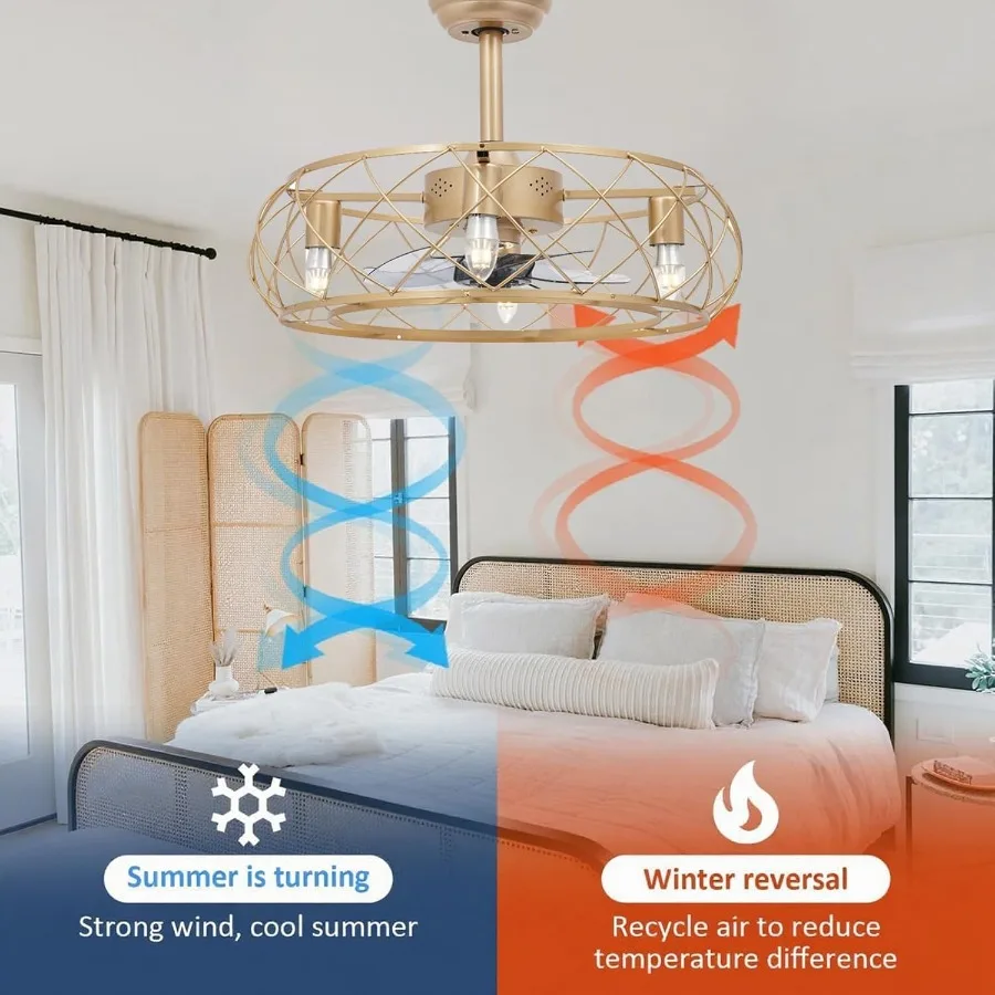 20'' Gold Cage Design Ceiling Fan with 3-Speed Operation Remote Control Functionality Industrial Enclosed Metal Construction Ch