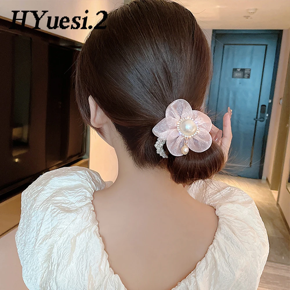 Elegant Rhinestone Flower Hair Rope Elastic Organza Pearl Beaded Hair Scrunchies Lace Ponytail Holder Hair Accessories For Women