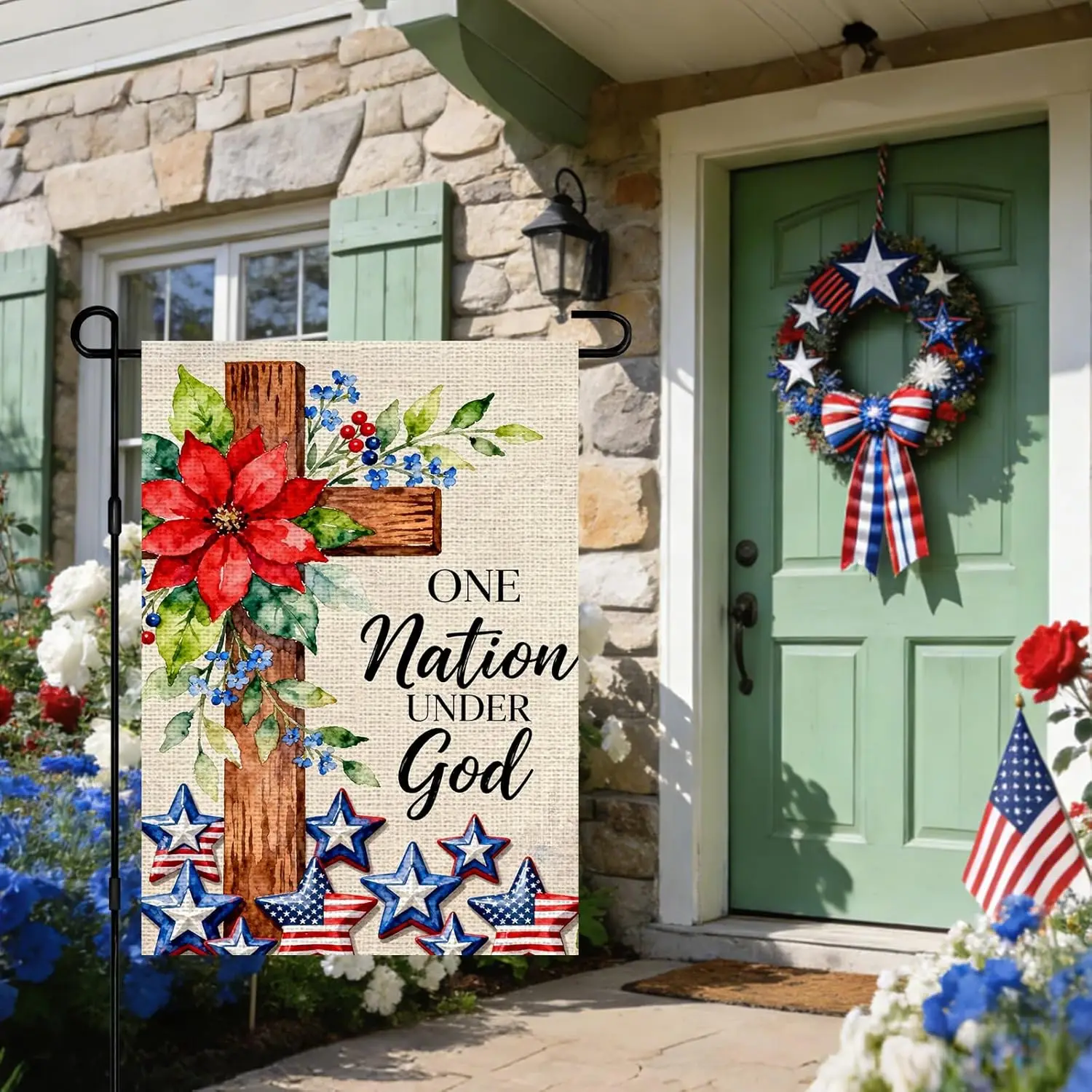One Nation Under God Garden Flag 12x18 Inch – Patriotic Christian Cross Outdoor Flag Double Sided Burlap Floral Stars Yard D MMZ