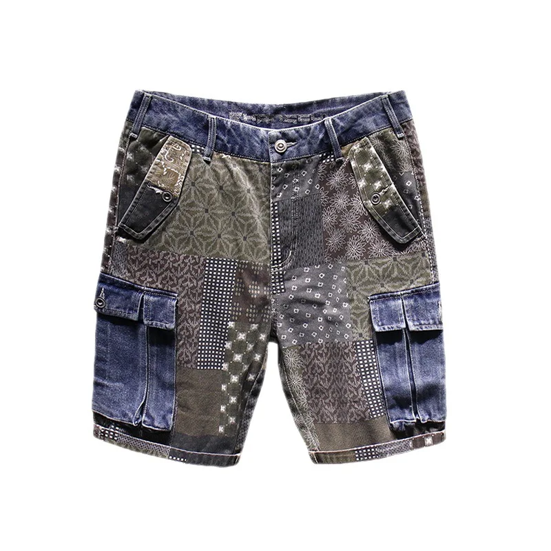Trendy paisley denim shorts men's summer casual hip hop fashion brand printing fifth pants Street multi-pocket middle pants