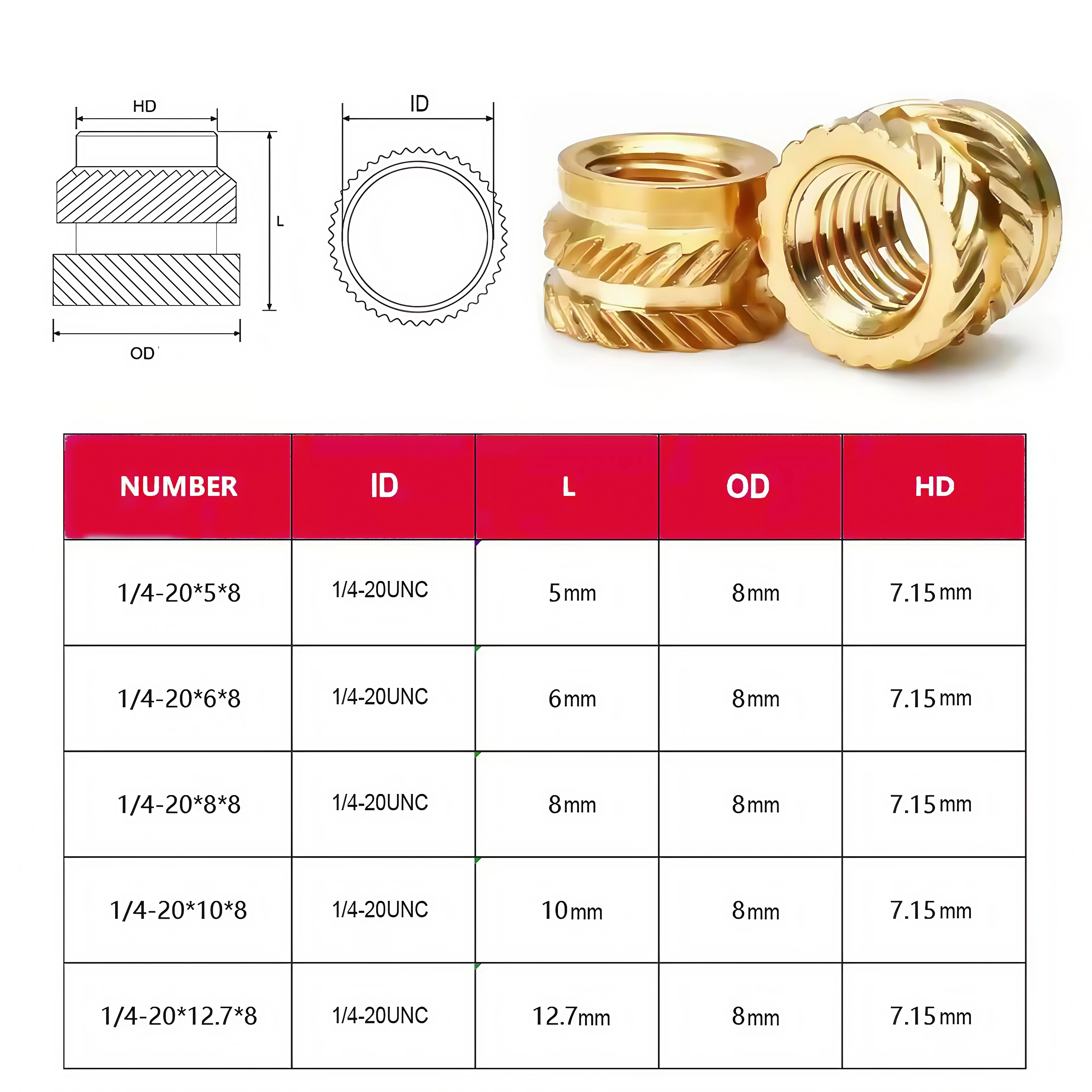 10/20/50pcs Heat Brass Insert Nut 1/4-20 UNC Thread Knurled Injection Molding Embedment Insert Hot Melt 3D Printing Inserts Nuts
