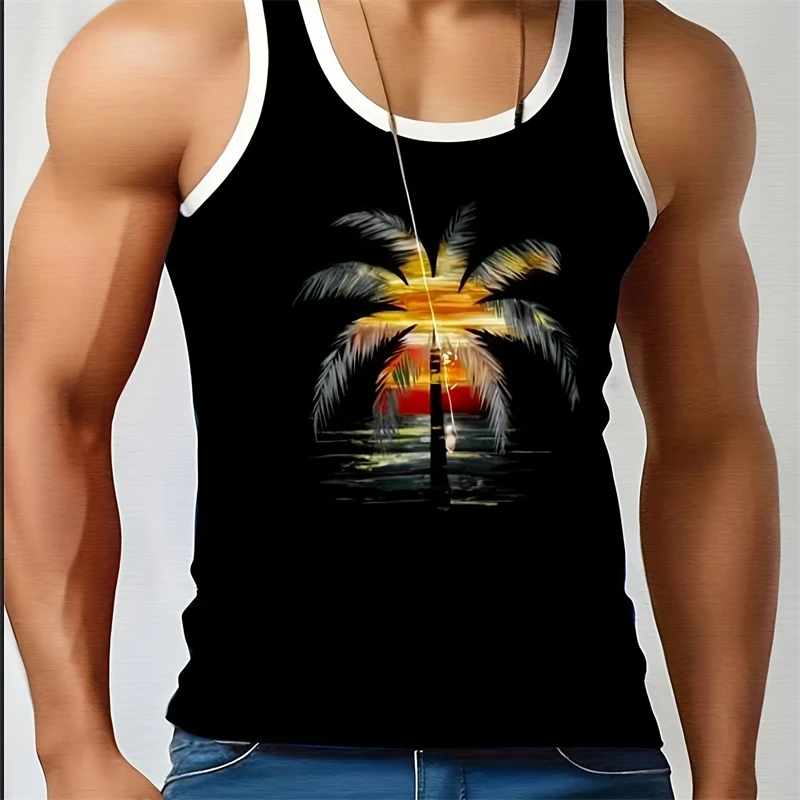 Fashion Sunset Coconut Tree Graphic Tank Tops Summer Trendy Beach Vacation 3D Printed Vest Casual Oversized Streetwear Tees Tops
