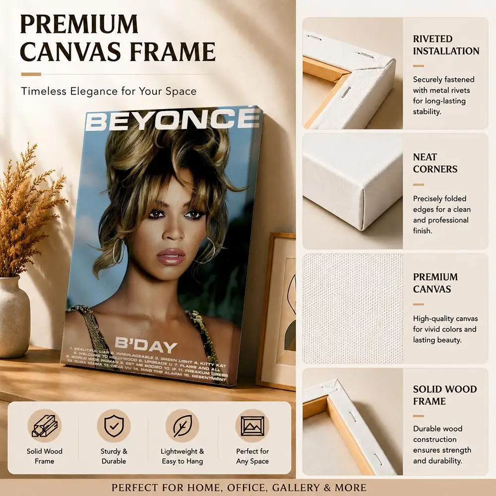 R&B Pop Singer B-Beyonce Framed Wall Painting Canvas Art Poster with Solid Wood Frame for Living Room Home Decor