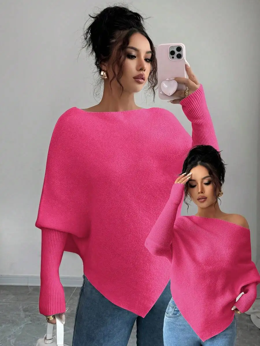 

Women Asymmetrical Batwing Sleeve Crew Neck Casual Knit Sweater Top For Spring Autumn Winter