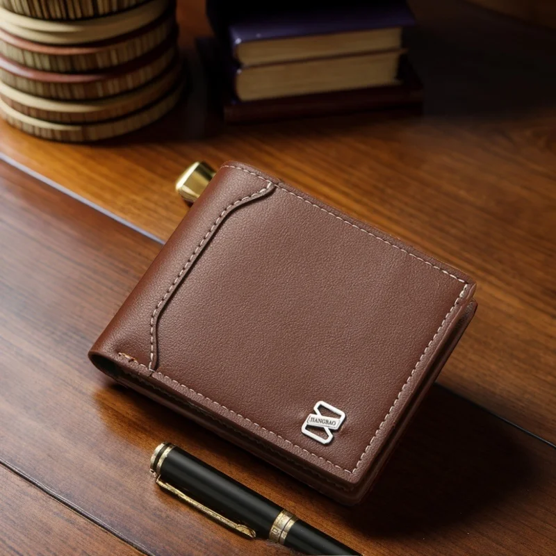 

Brown Leather Slim Wallet for Men with Money Clip Credit Card Holder Slot Minimalist Bifold Youth Student Short Patchwork Wallet