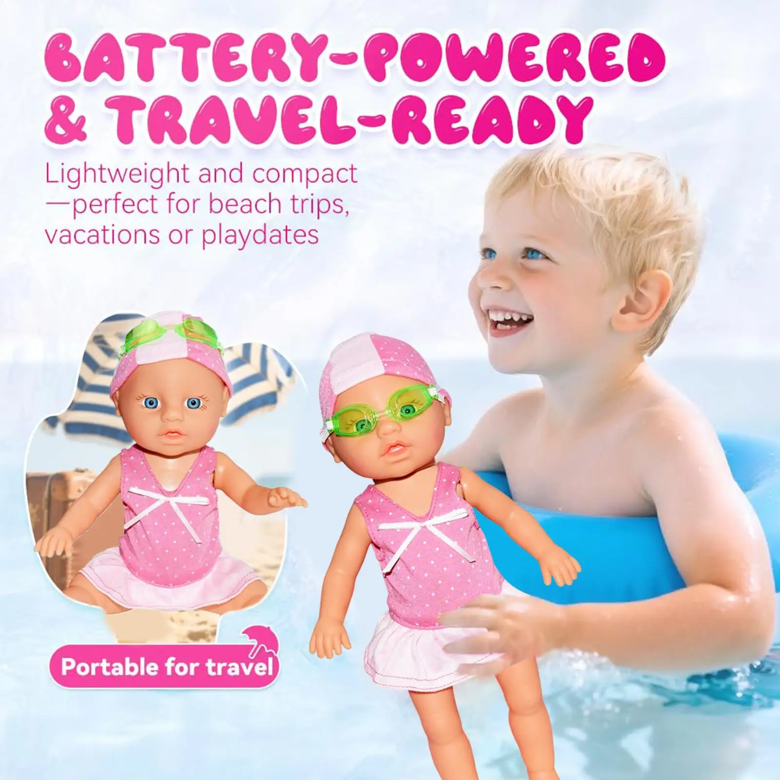 دمية أطفال مائية مقاومة للماء للسباحة مع ملحقات ألعاب مشتركة متحركة للسفر والرمل والأطفال والأصدقاء في الصيف على الشاطئ