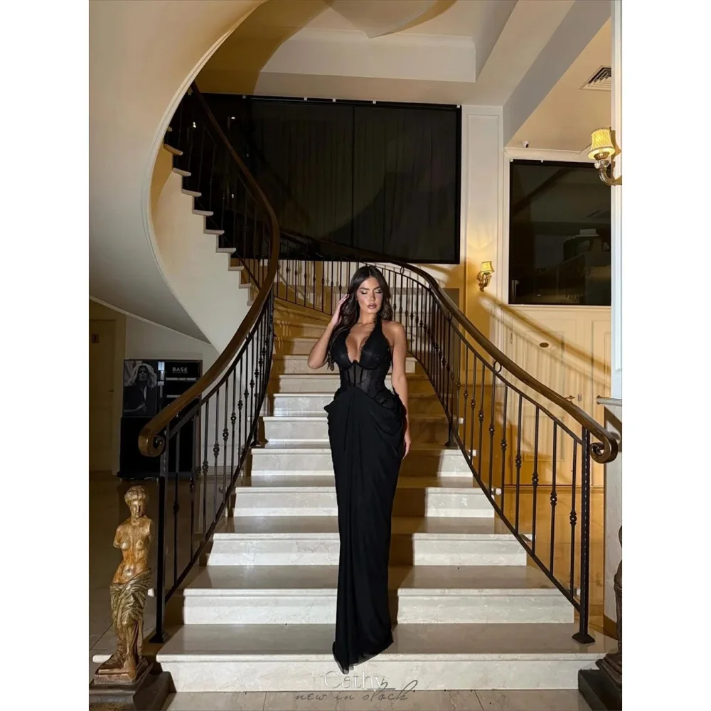 

Cathy Customized Black Halter Mermaid Pleats Prom Dress Elegant Sleeveless vestidos de noiva Floor-length Evening Dresses 2025
