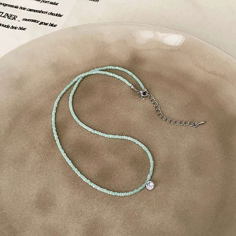 Minar 2026 Summer Shiny CZ Zircon New Green Color Natural Stone Beaded Pendant Necklace for Women Wholesale Strand Chain Chokers