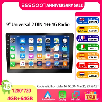 ESSGOO Autoradio 9" 2 DIN, CarPlay inalámbrico, Android Auto, Android 14, Bluetooth, pantalla táctil, 4+64G, GPS, navegación, RDS, WiFi, USB, FM, DAB+, cámara, unidad principal. 1