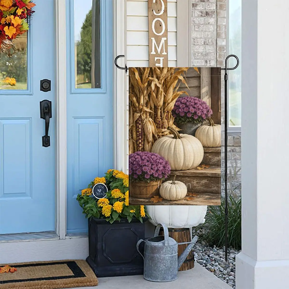 InkRain Farmhouse White Pumpkin Garden Flag 12x18 Inch, Fall Porch Scene with Corn Stalks and Purple Mums, Double Sided Line uui