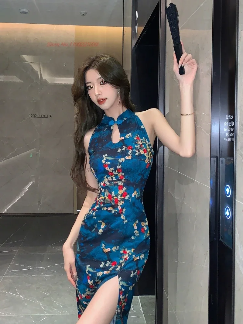 

2025 chinese sexy dress improved cheongsam flower print sleeveless dress qipao nightclub banquet evening dress qipao vestido