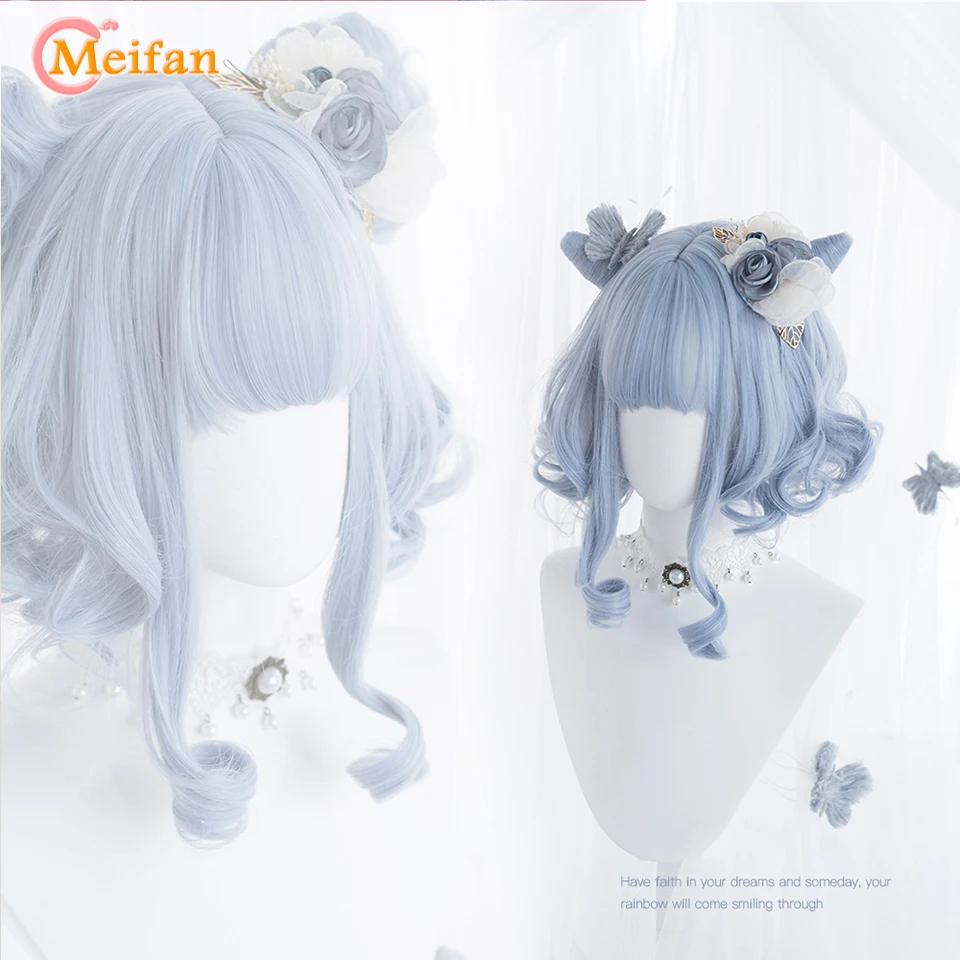 MEIFAN Synthetic Short Lolita Cosplay Christmas Halloween Bob Wave Curly Wig Harajuku Female Wig with Air Bang Natural Fake Hair