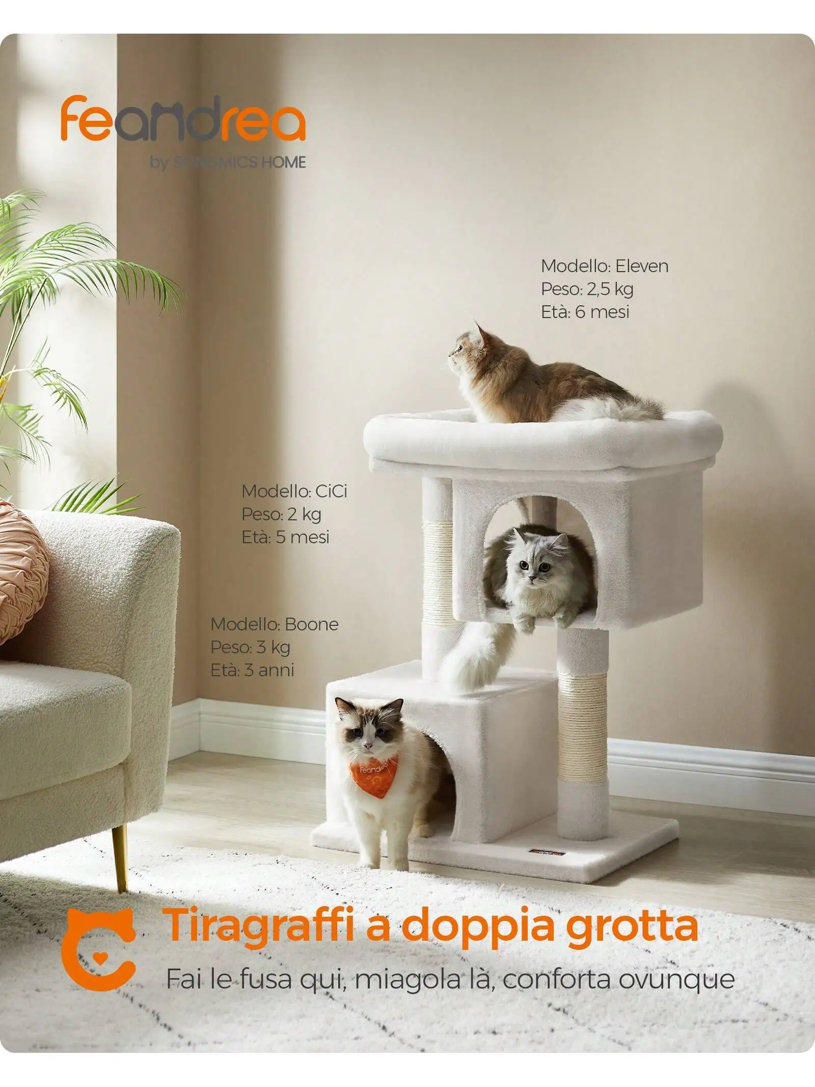 Feandrea Cat Tree: 84 cm tower, L size, for large cats up to 7 kg, perch, 2 caves, scratching post, Smoky Grey.