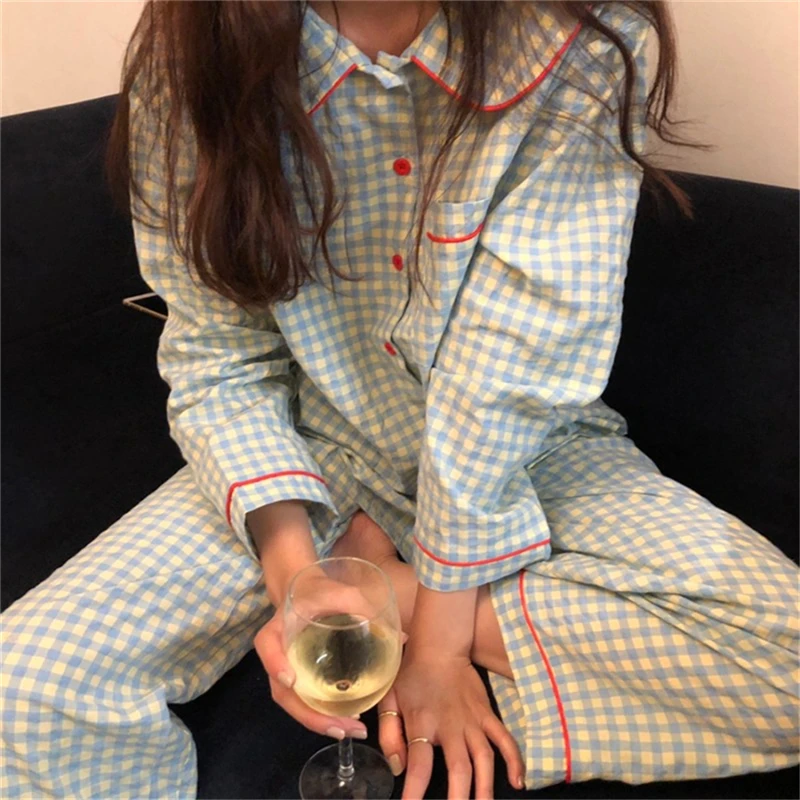 Internet Celebri Simple Pajamas Women Cotton Long sleeve Trousers Two-piece Set Plaid Korean Sle Spring and Autumn Can Be...