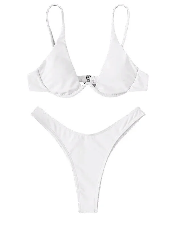 Женский купальник-бикини чистого цвета, 2023, спортивный дизайн Fitn e со стальным кольцом, отдельные купальники из полиэстера