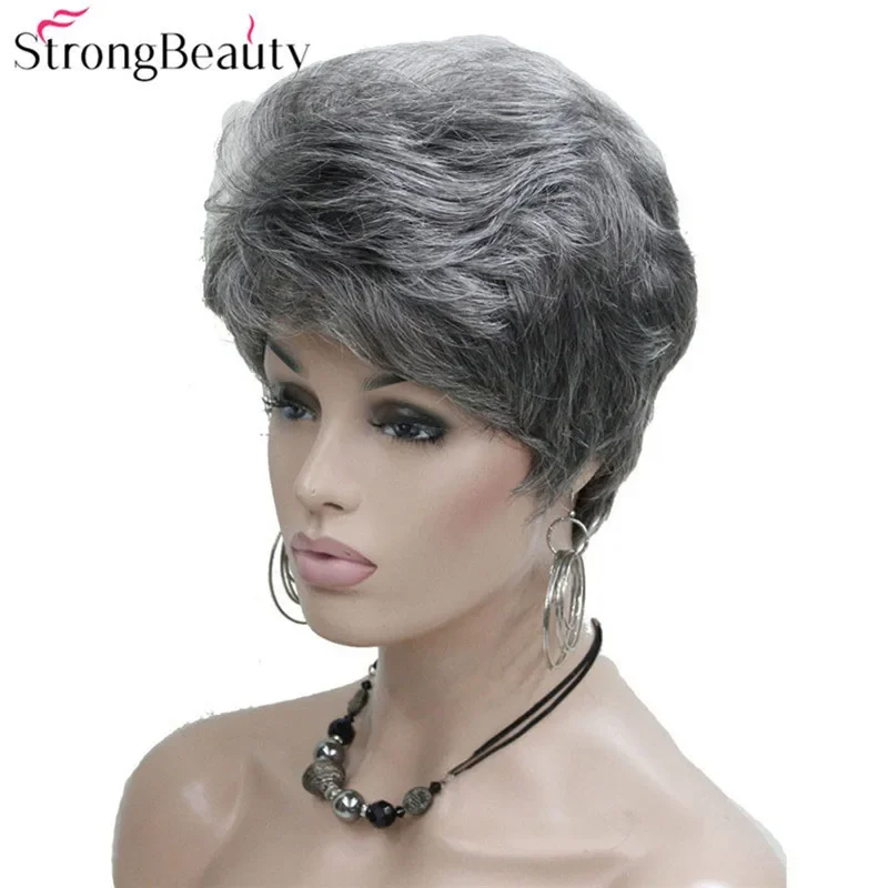 StrongBeauty Synthetic Short Straight Hair Puffy Natural Blonde/Silver Grey Wigs With Bangs Women Many Colors