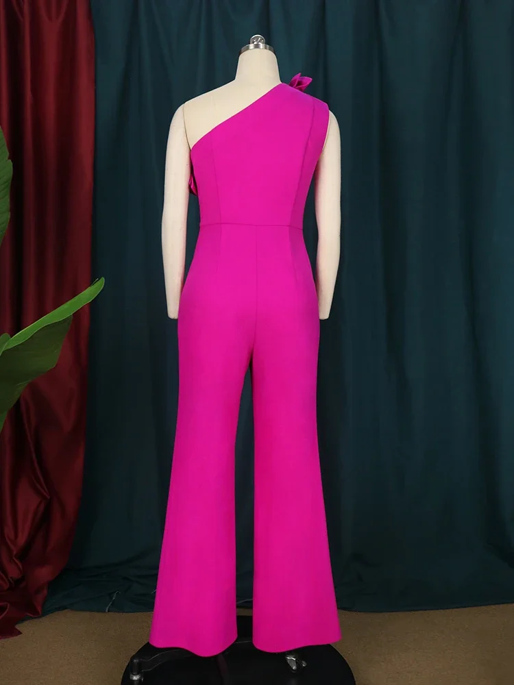 Fuchsia One Shoulder Ruffle Jumpsuit for Women Plus Size Wide Leg Long Pants Jumpersuit Overalls Elegant One Piece Outfits