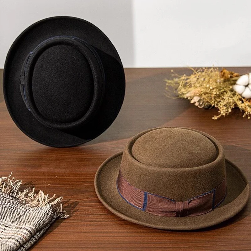 

Austrailian Wool Mens Fedora Hat - Flat Top Short Brimmed Mens Felt Hat Whith Black Coffee Color