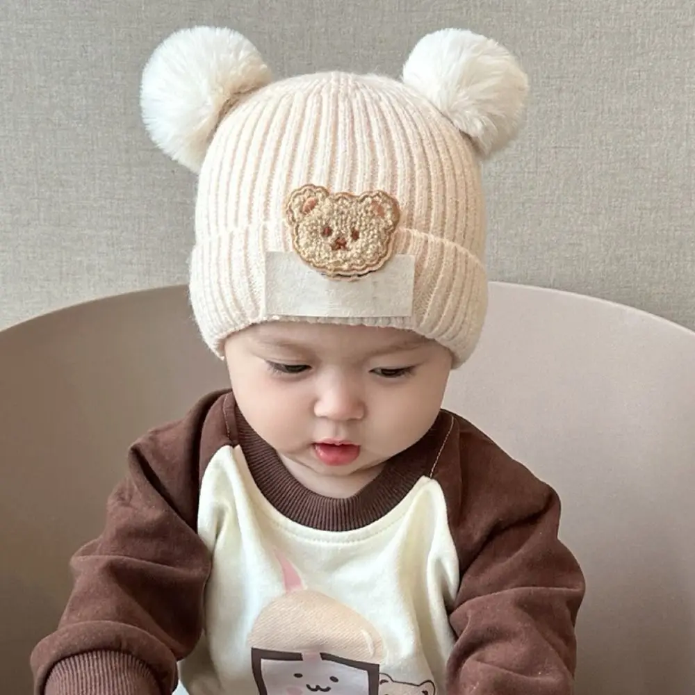 0-3Year Windproof Solid Color Baby Knitted Hat Plush Ball Cute Winter Hat Soft Cartoon Children Warm Cap Baby Children Kids