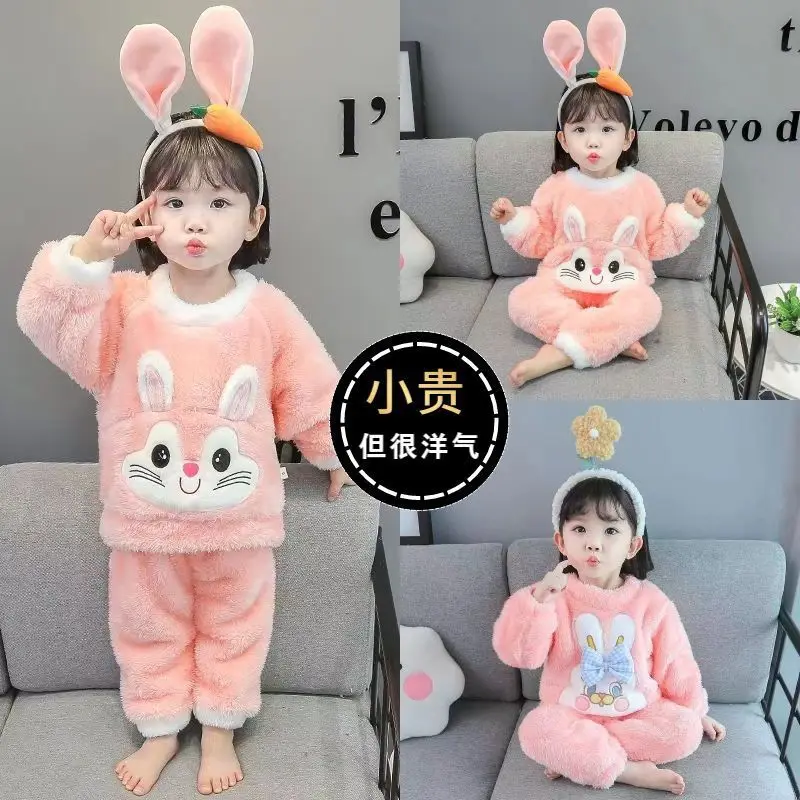 Children\'s Home Suit Set Girls\' Autumn/Winter Korean Edition Thickened Baby Coral Fleece Two Piece Sleepwear Set