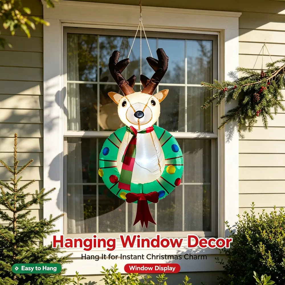 Christmas 1.2M Inflatable Reindeer Wreath With LED Light for Xmas Window Glass Indoor Outdoor Holiday Party Home Yard Ornament