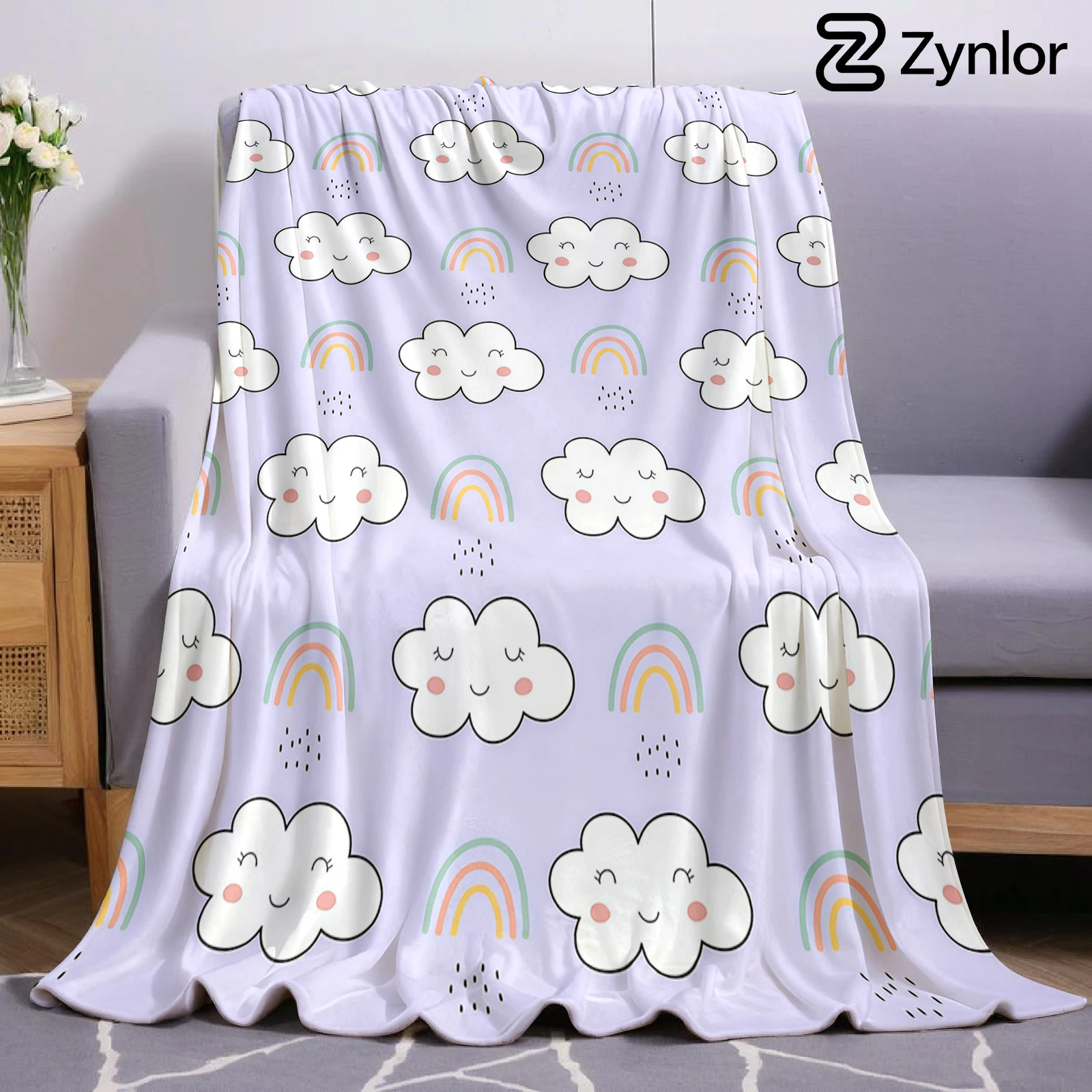 Cute Cloud Rainbow Cartoon Anime Print Flannel Blanket Soft Warm Throw for Kids Bedroom Sofa Bed Christmas Office Car