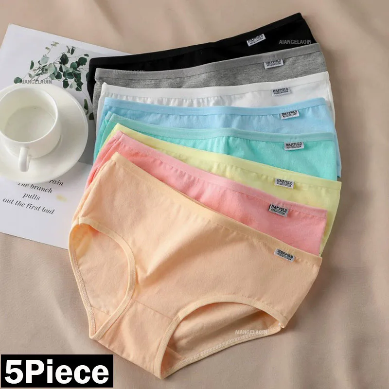 5Pcs Cotton Panties Women Underwear Girls' Briefs Sexy Lingeries Cute Solid Color Shorts Comfort Plus Size Underpant For Woman