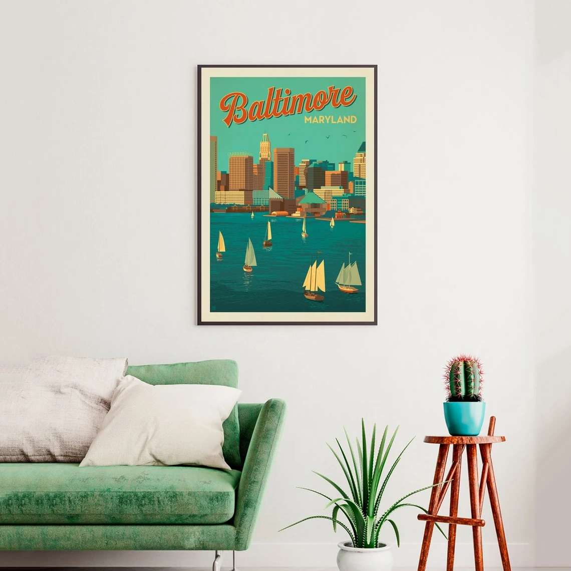 ملصق فني من بالتيمور ميريلاند، طباعة هاربور فيو عتيقة، ديكور جدار غرفة النوم فوق السرير، ملصق سفر ريترو مؤطر، أمريكا