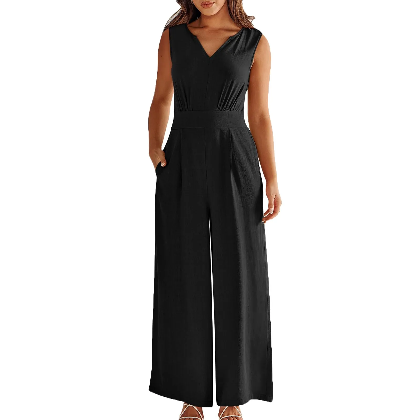 Sleeveless Jumpsuits Summer New Casual Fashion Solid Color Jumpsuits V-Neck Waist Loose Wide Leg Jumpsuits With Pockets