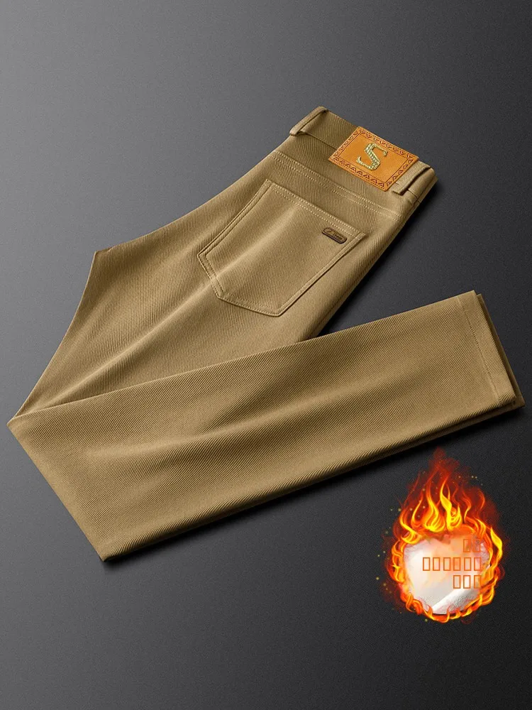 

Khaki Fce Lined Thi Casual Pants Men's Slim Fit Busin Trousers Autumn Winter Warm Straight Leg Pants