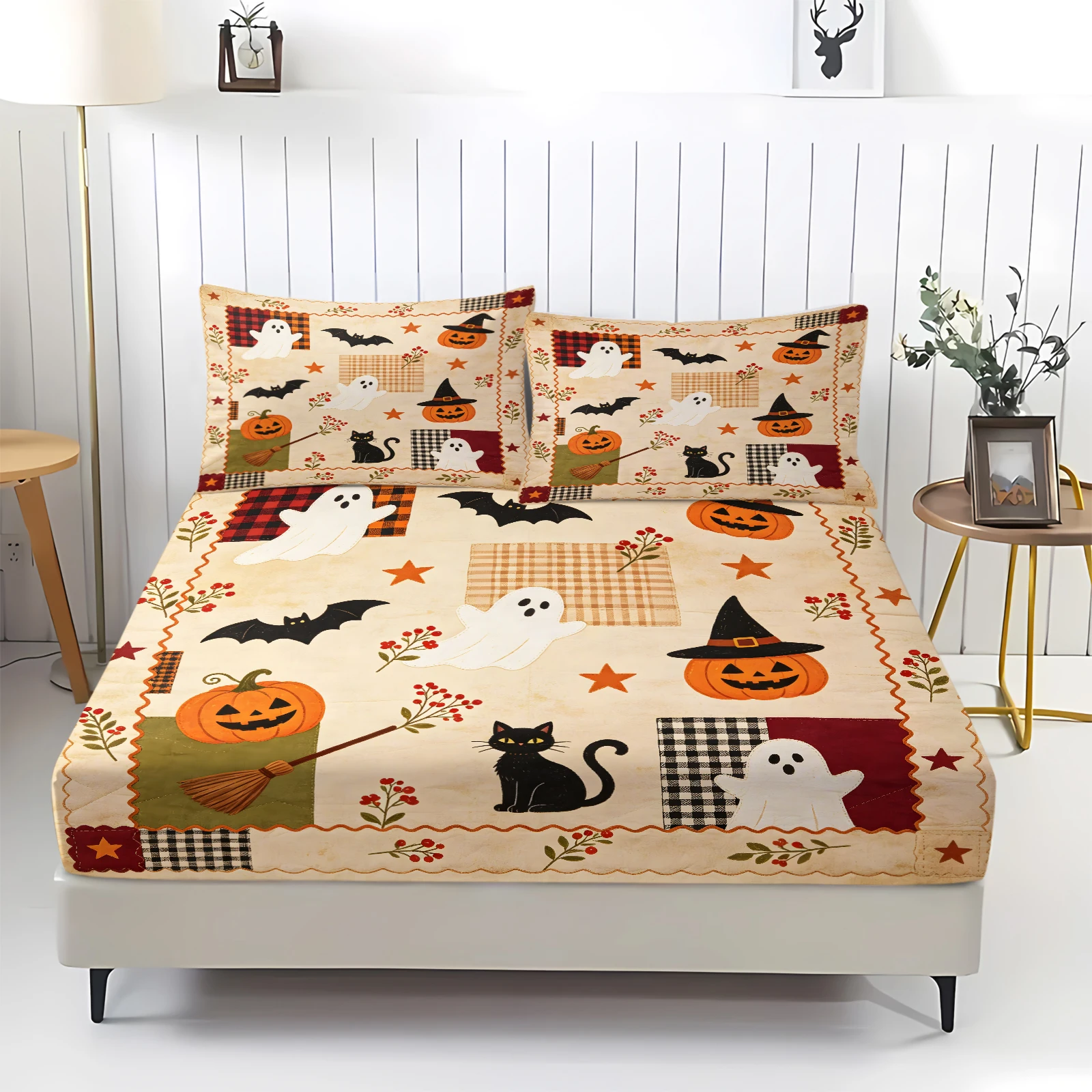 Halloween Vintage Patchwork Fitted Sheet Set Ghost Pumpkin Black Cat Print Elastic Deep Pocket Mattress Cover with Pillowcases