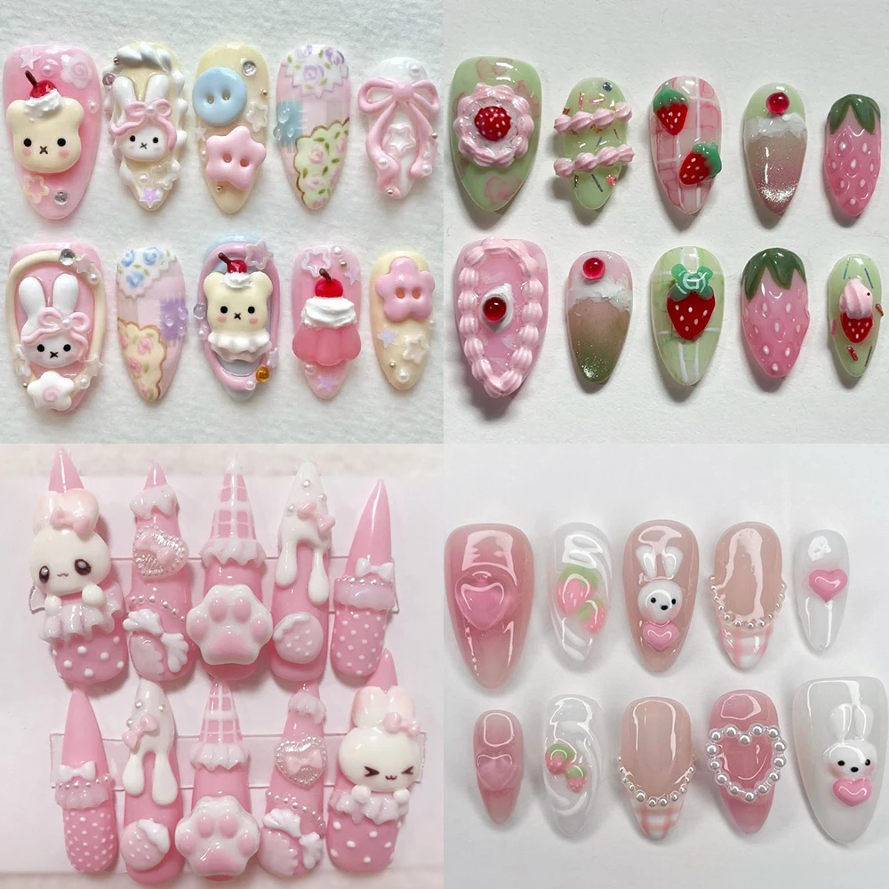 

10Pcs Kawaii Anime Rilakkuma Long Almond Pink Handmade Nails Party Stickers Four-Leaf Clover Pearl Star Bow False Nails Gift