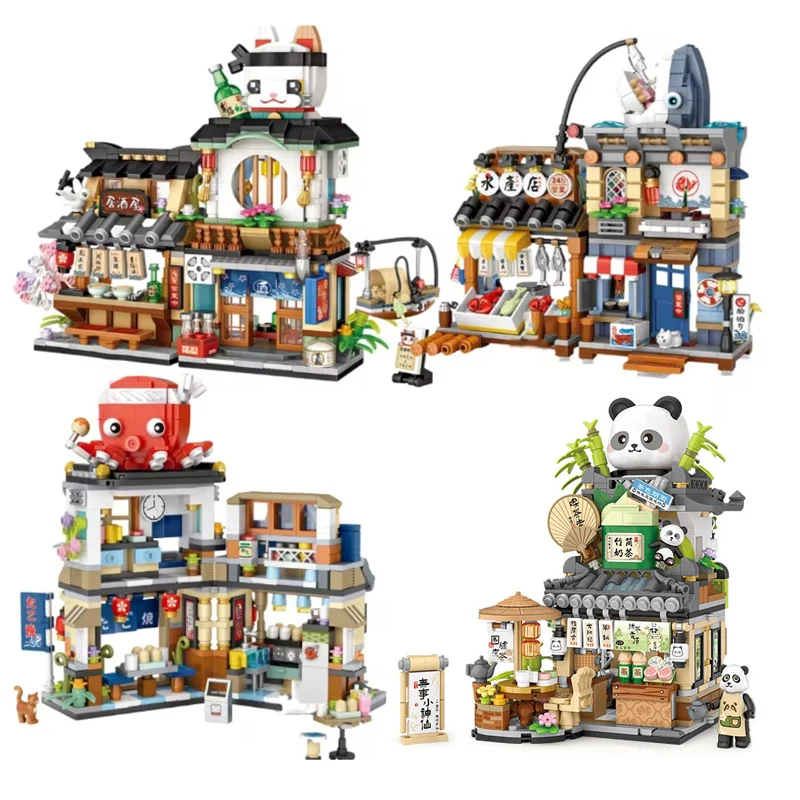Seria Street View klocki Izakaya Shaved Ice Shop Takoyaki Shop Kawiarnia Panda Tea House model prezent dla dzieci