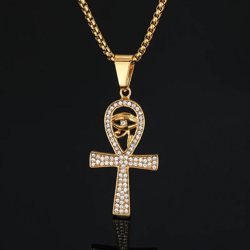 

Hip Hop Bling Iced Out Stainless Steel Eye of Horus Ankh Cross Pendants Necklace for Men Rapper Jewelry Gold Color