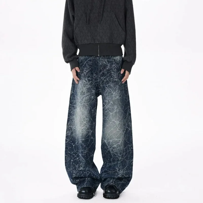 

2026 New American Retro Style Men's Jeans with Flash Print and Gemstone Decoration, Trendy Fashion, Loose Straight Cut, Casual S