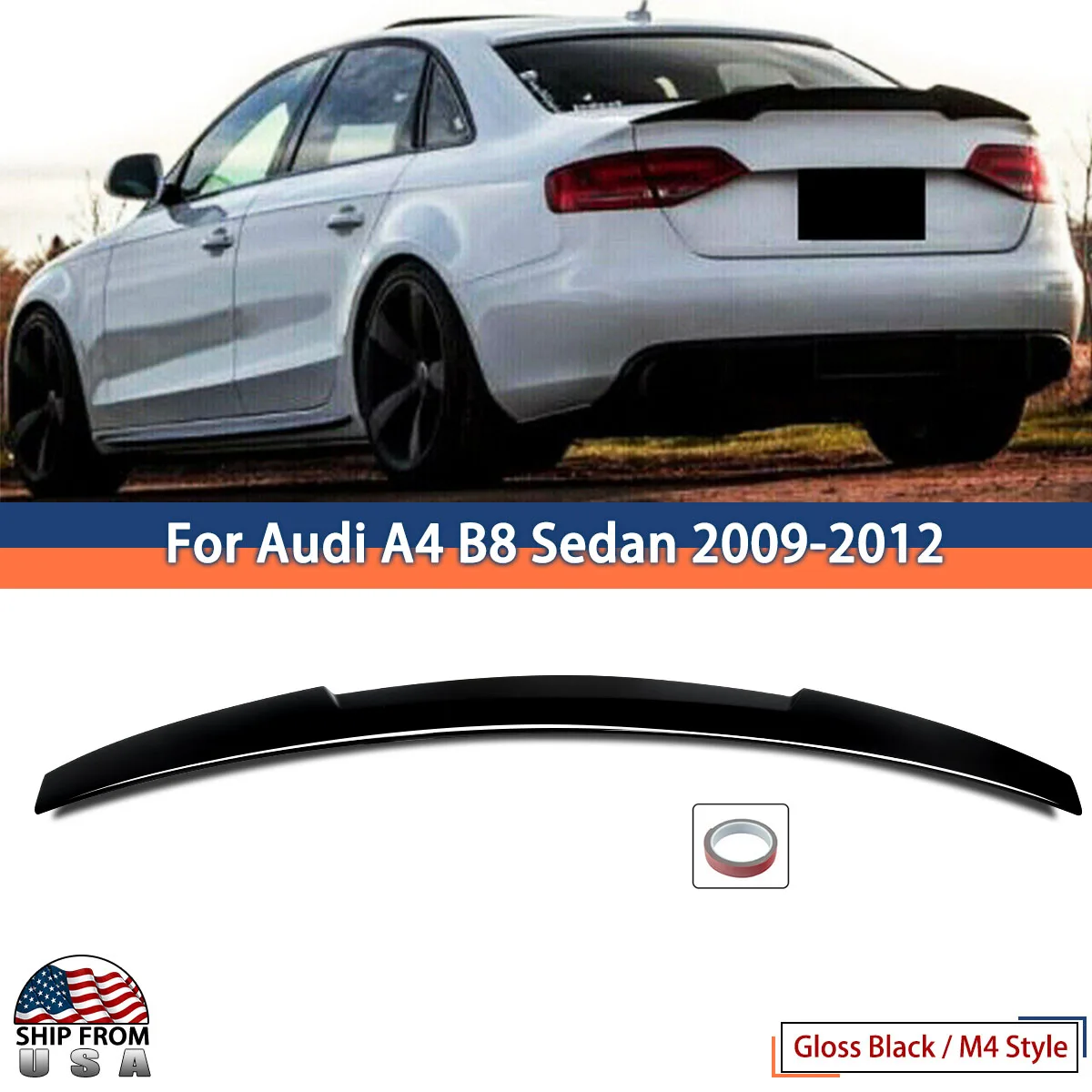 Spoiler Posteriore Stile M4 V per Audi A4 B8 S4 RS4 Berlina 2009-2012, Aspetto Fibra di Carbonio e Nero Lucido
