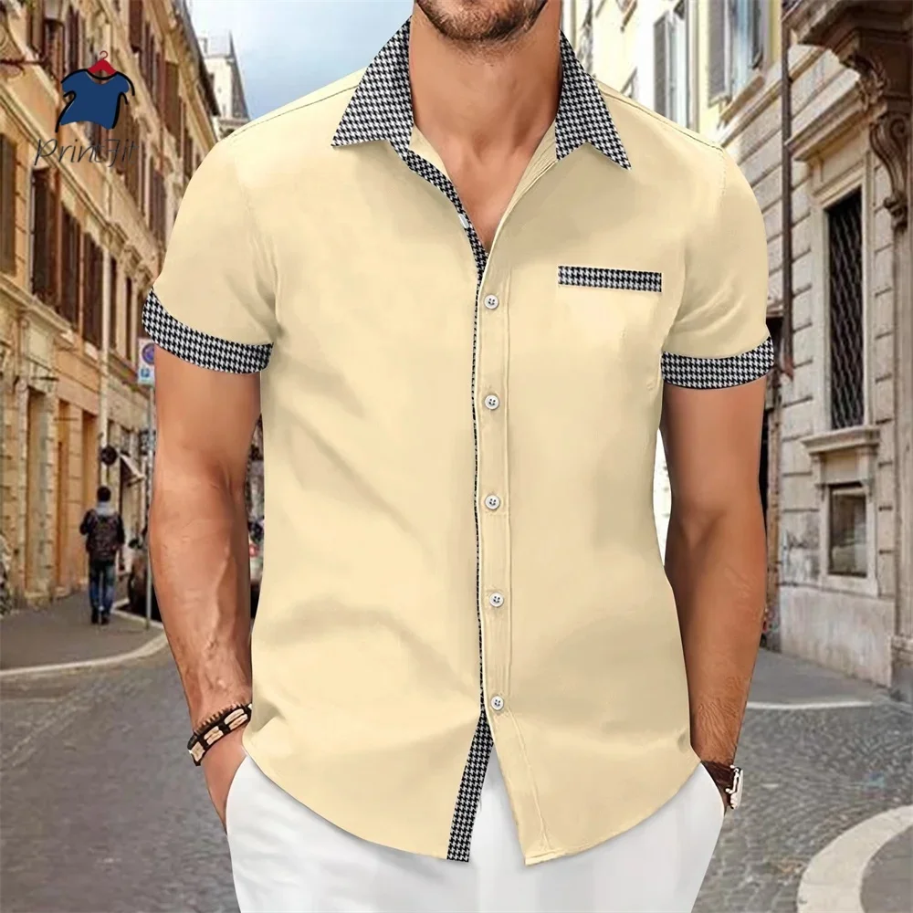 Men Cotton Linen Plaid Blouse Shirts Summer Spring Turn Down Collar Buttonshort sleeve Office Man Workwear Top Men's shirts