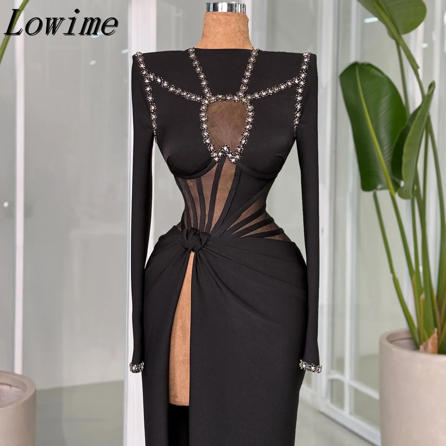 

Evening Gown Sexy Openwork Rhinestone Long Sleeves High Slit Formal Occasion Cocktail Party Dress for Womenفساتين سهرة