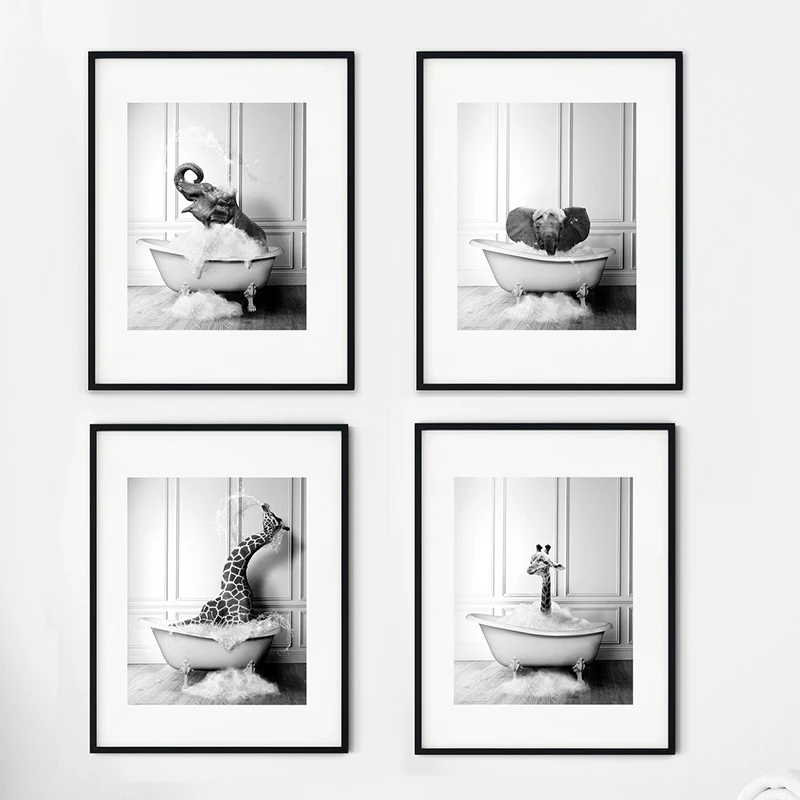 New Arrival Black White Animals In Tub Bathroom Wall Art Canvas Painting Posters and Prints Wall Pictur for Room Decor One Piece