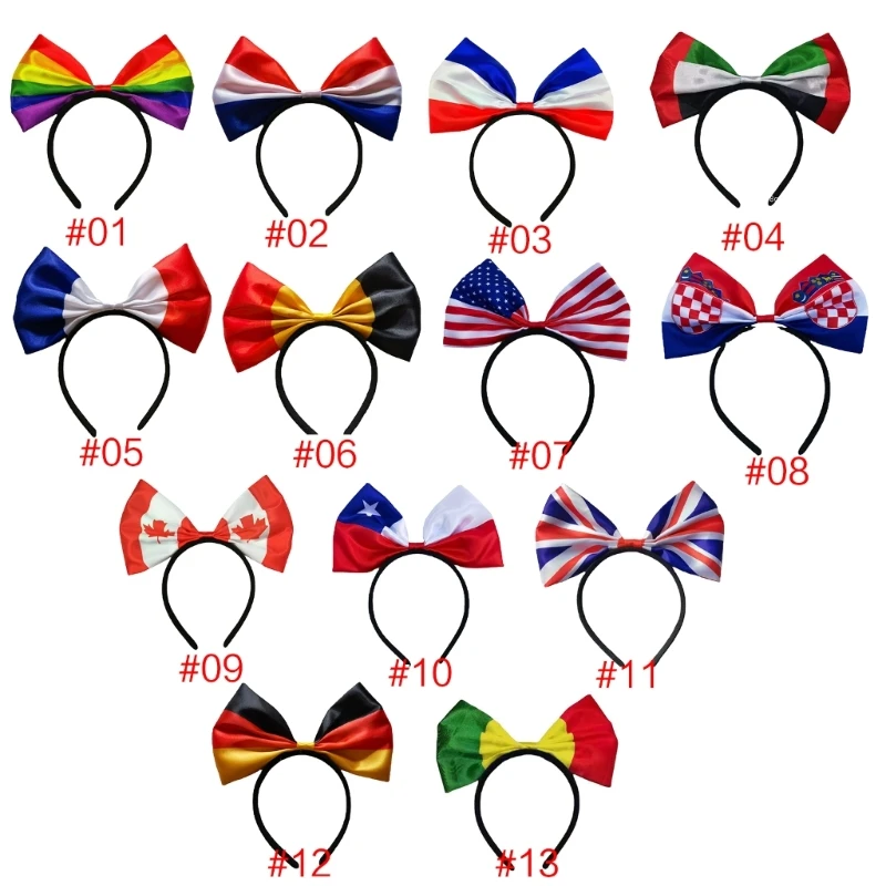 M2EA العلم Headbands للنساء الفتيات وطني ملحق كبير Bowknot عقال الساتان الانحناء لطيف أغطية الرأس لكأس العالم لكرة القدم