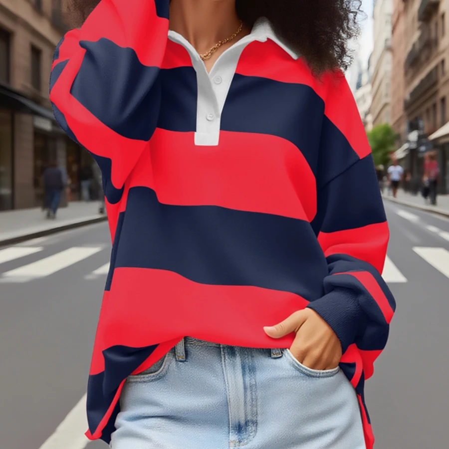 Kollektion 2025, gestreiftes Langarmshirt, klassischer Umlegekragen, lockere Herbst-Patchwork-Sweatshirts