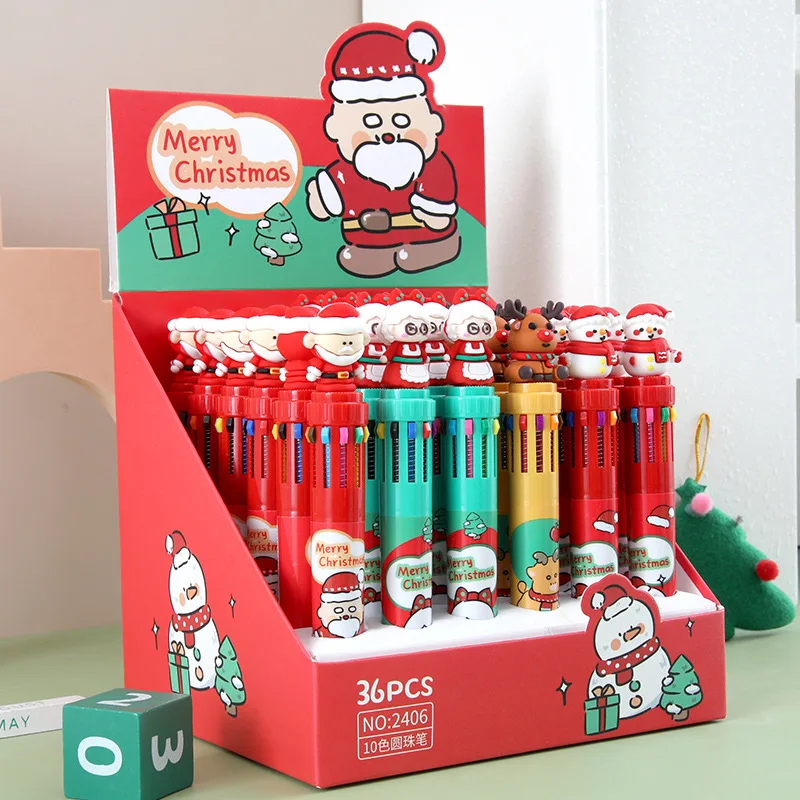 36Pcs/Lot Cute Cartoon Christmas 10 Colors Ballpoint Pens Kawaii Snowmen Santa Elk Girl Multicolor Press Pen School Stationery
