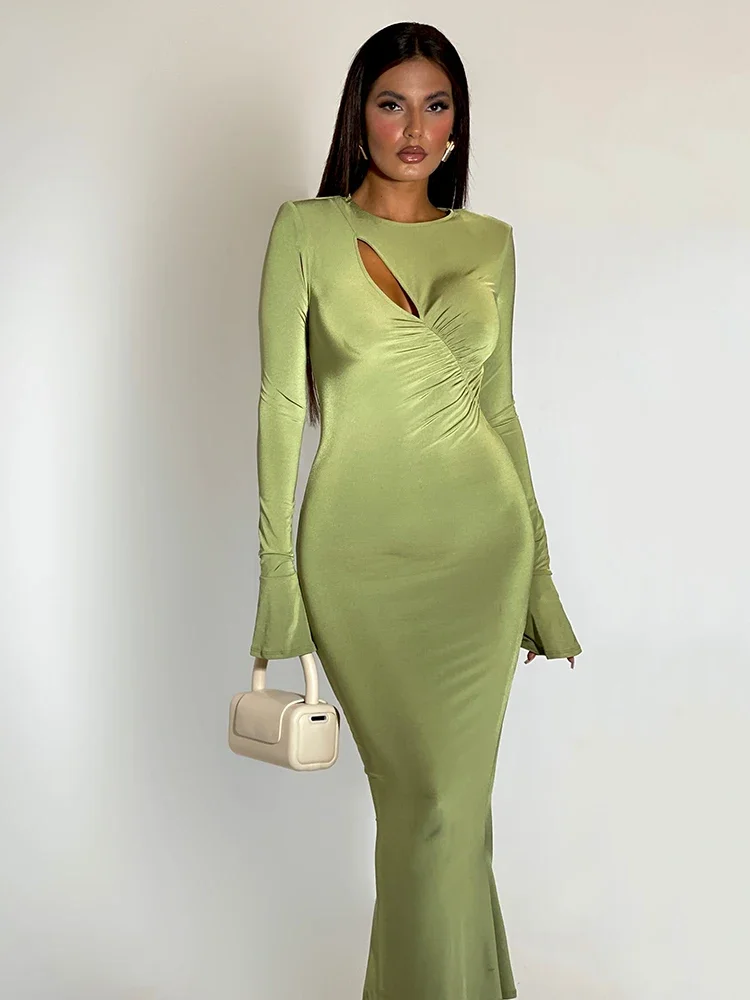 

Articat Sexy Bodycon Long Sleeve Tight Dress For Women Hollow Out Folds Elastic Maxi Female Vestidos Autumn Party Evening Dress