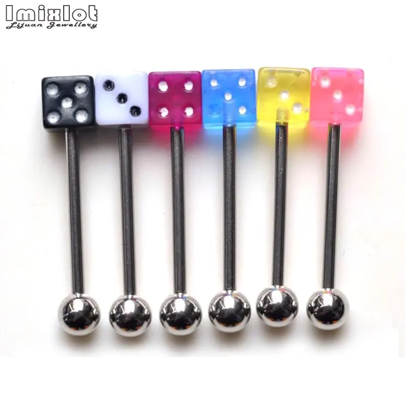 Imixlot 10pcs Stainless Steel Tongue Rings Women Colorful Acrylic Dice Barbell Bar Piercing Tongue Body Piercing Jewelry