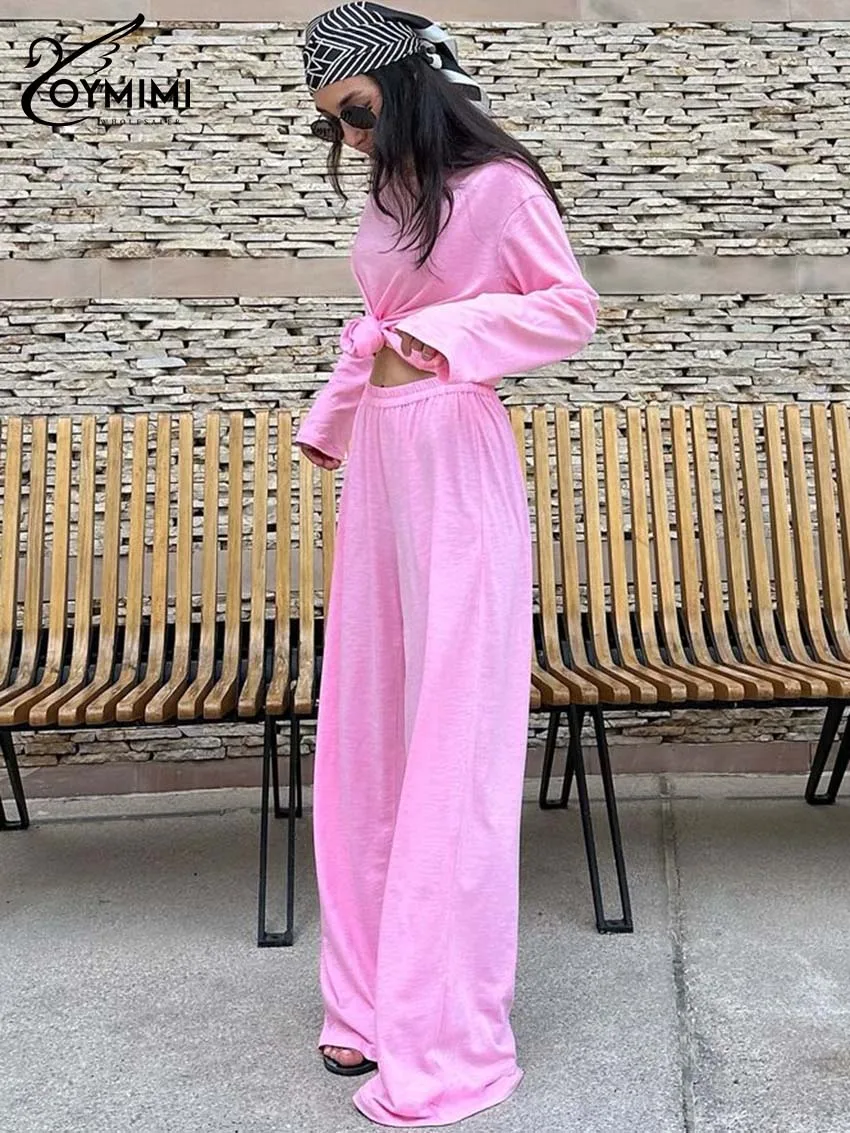 Oymimi casual branco solto duas peças outfits mulher elegante o-pescoço manga longa blusas simples e calças retas de comprimento total conjuntos